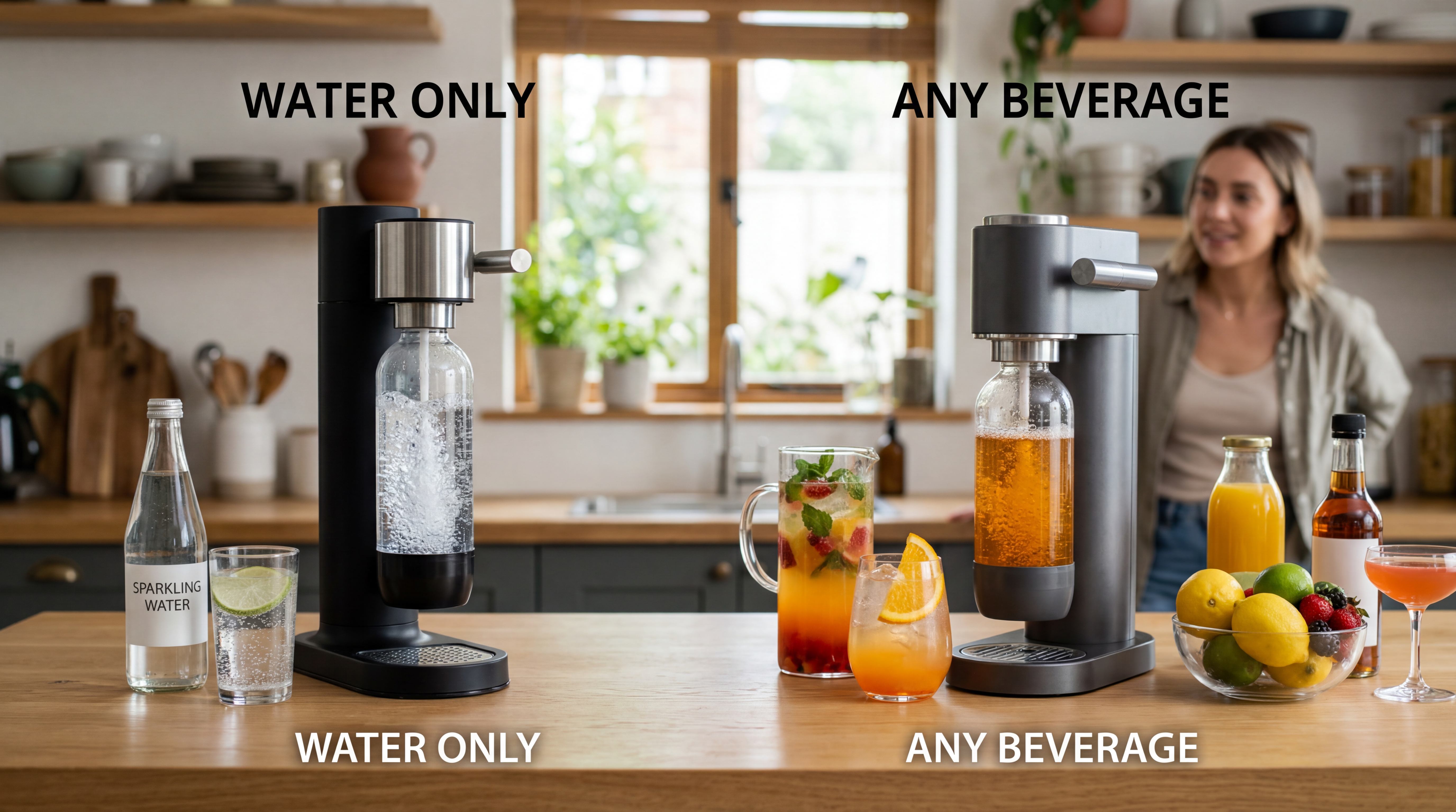Water-only and any-beverage soda makers compared side by side with plain sparkling water on one side and mixed fruit drinks on the other